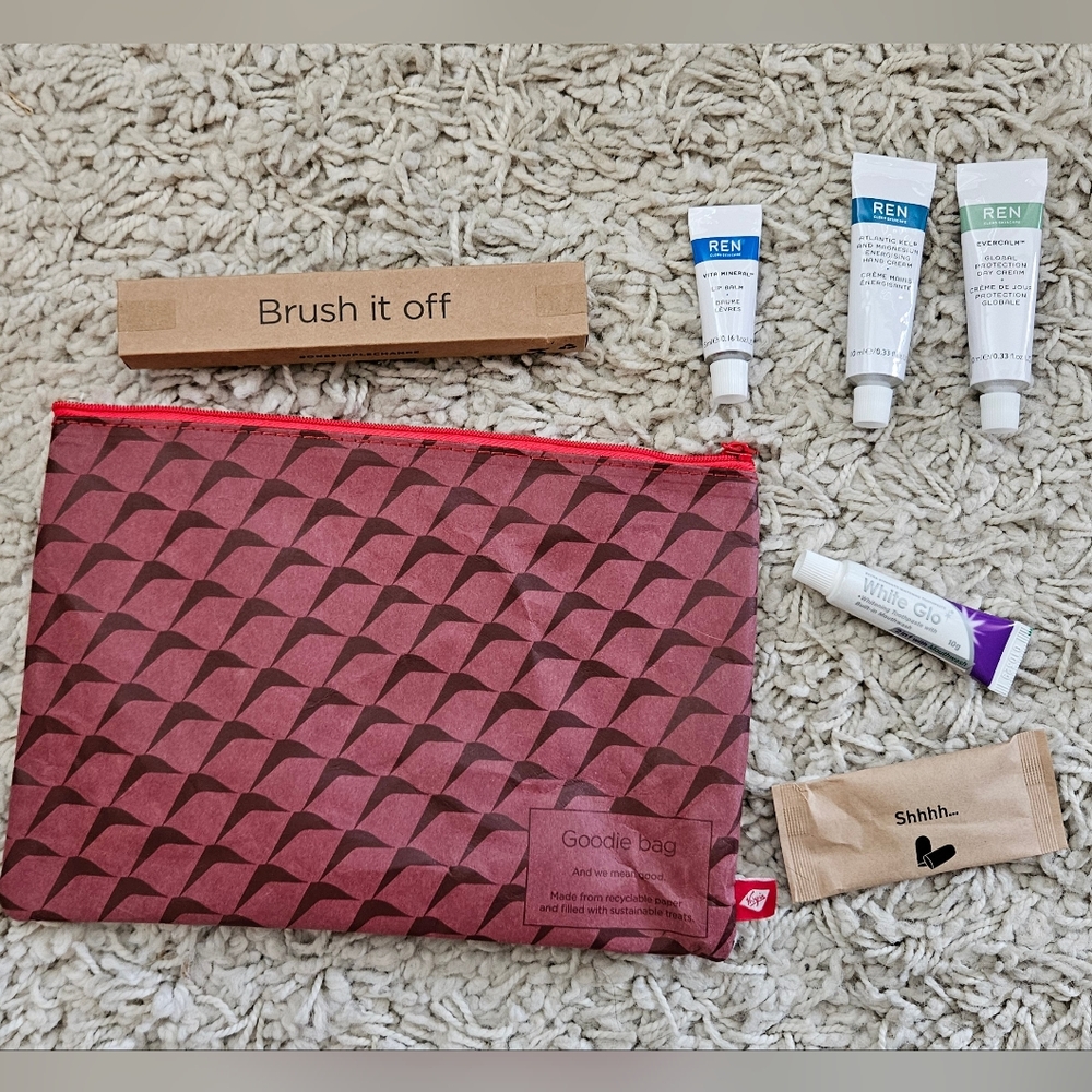 Travel Essentials Kit With REN Skincare Bamboo Toothbrush Ear Plugs & Red Pouch